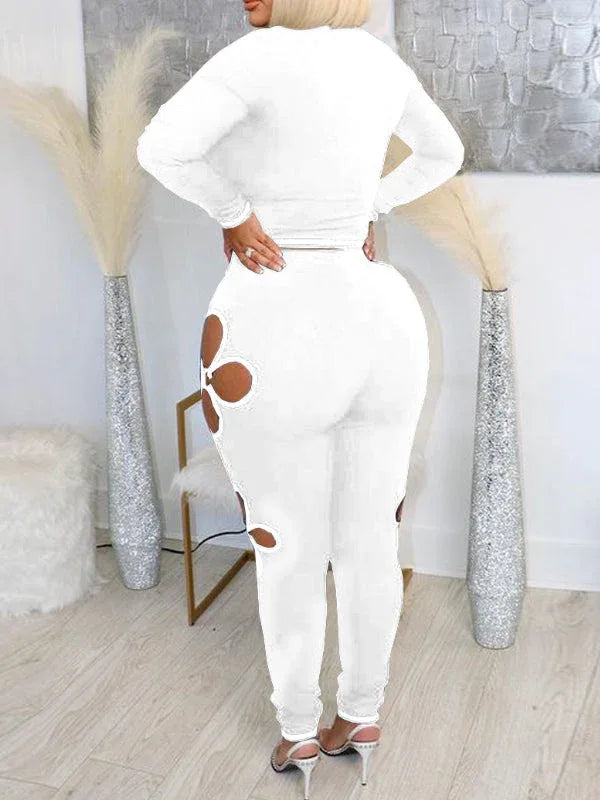 Women's Ribbed Cutout Crop Top & High-Waist Pants Set