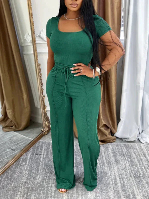 Women's Solid Casual T-Shirt & Relaxed Wide-Leg Pants Set