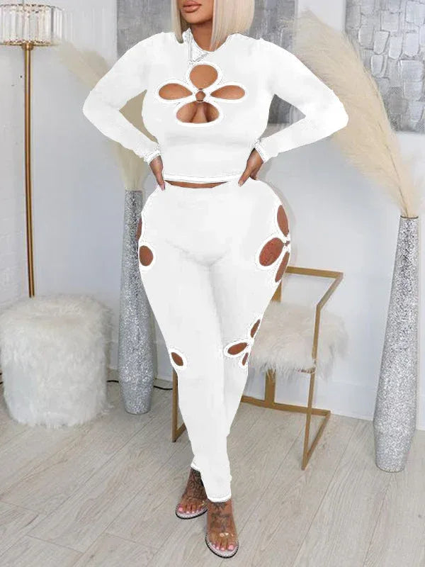 Women's Ribbed Cutout Crop Top & High-Waist Pants Set