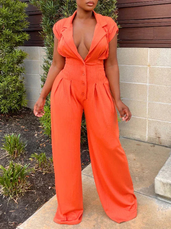 Women's Button-Front Cutout Sleeveless Wide-Leg Jumpsuit
