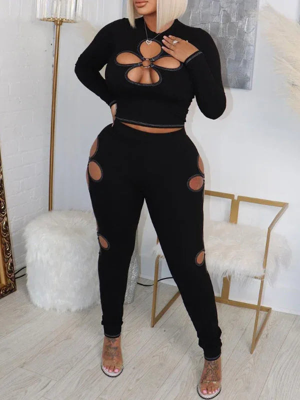 Women's Ribbed Cutout Crop Top & High-Waist Pants Set