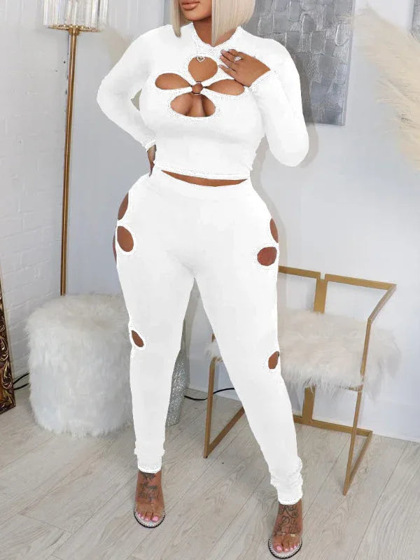 Women's Ribbed Cutout Crop Top & High-Waist Pants Set