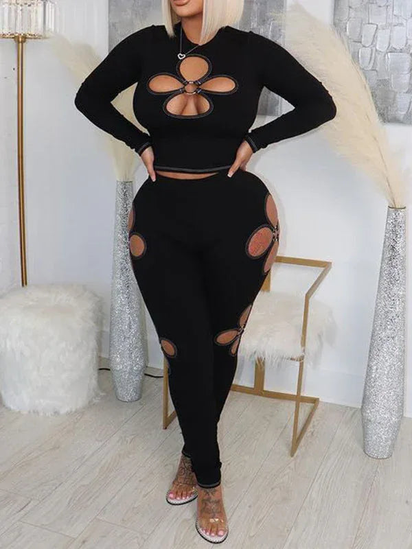 Women's Ribbed Cutout Crop Top & High-Waist Pants Set