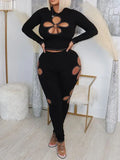 Women's Ribbed Cutout Crop Top & High-Waist Pants Set