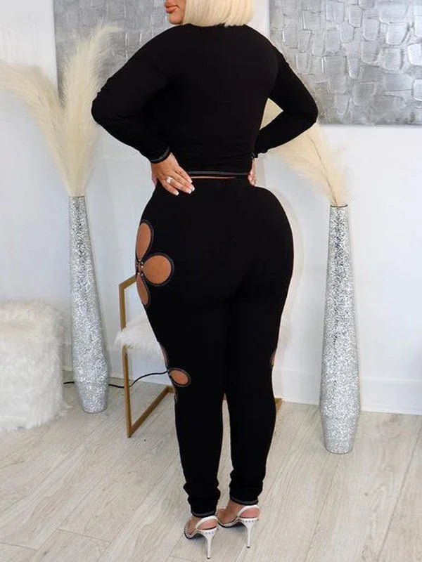 Women's Ribbed Cutout Crop Top & High-Waist Pants Set