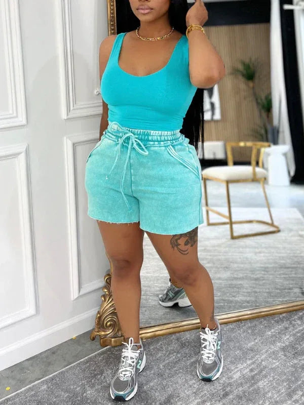Women's Solid Sleeveless Tank Top & High-Waist Shorts Set
