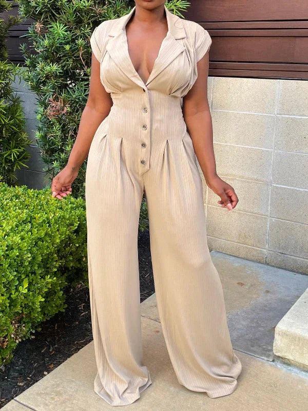 Women's Button-Front Cutout Sleeveless Wide-Leg Jumpsuit