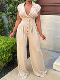 Women's Button-Front Cutout Sleeveless Wide-Leg Jumpsuit