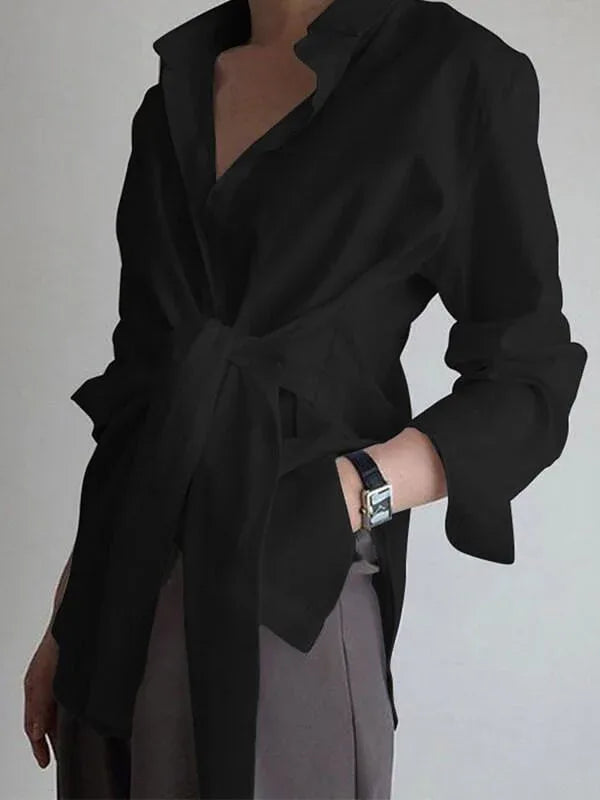 Women's Solid Tied-Front Casual Button-Down Shirt