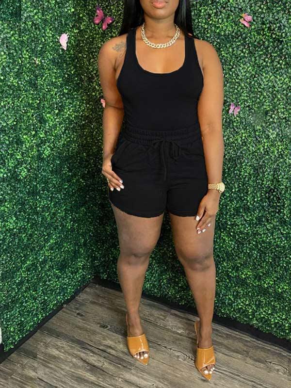 Women's Solid Sleeveless Tank Top & High-Waist Shorts Set
