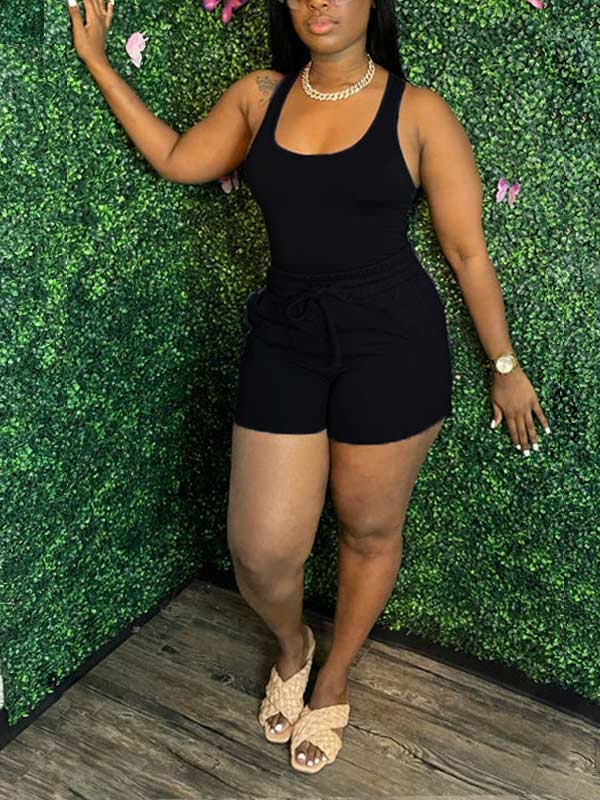 Women's Solid Sleeveless Tank Top & High-Waist Shorts Set