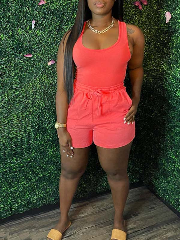 Women's Solid Sleeveless Tank Top & High-Waist Shorts Set