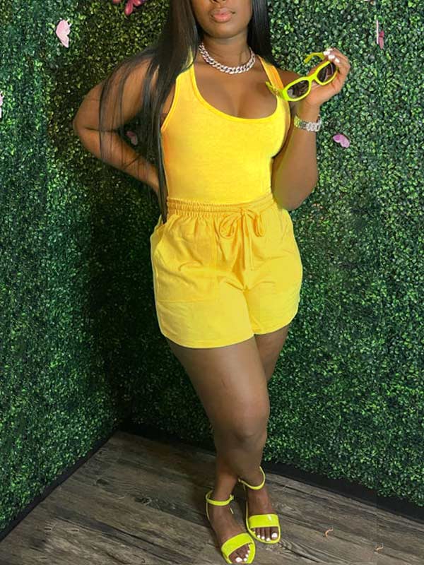Women's Solid Sleeveless Tank Top & High-Waist Shorts Set