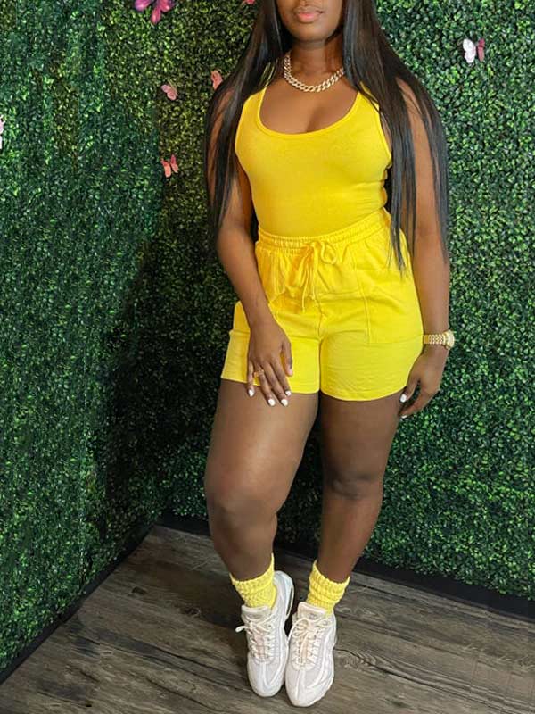 Women's Solid Sleeveless Tank Top & High-Waist Shorts Set