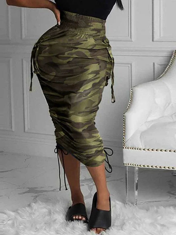 Women's Camo Print Drawstring Elastic-Waist Mini Skirt