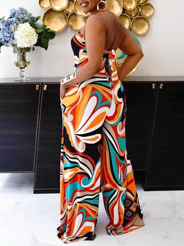 Women's Printed Strapless Tied-Back Wide-Leg Jumpsuit