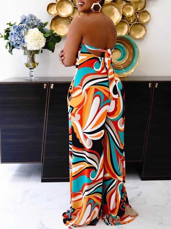 Women's Printed Strapless Tied-Back Wide-Leg Jumpsuit
