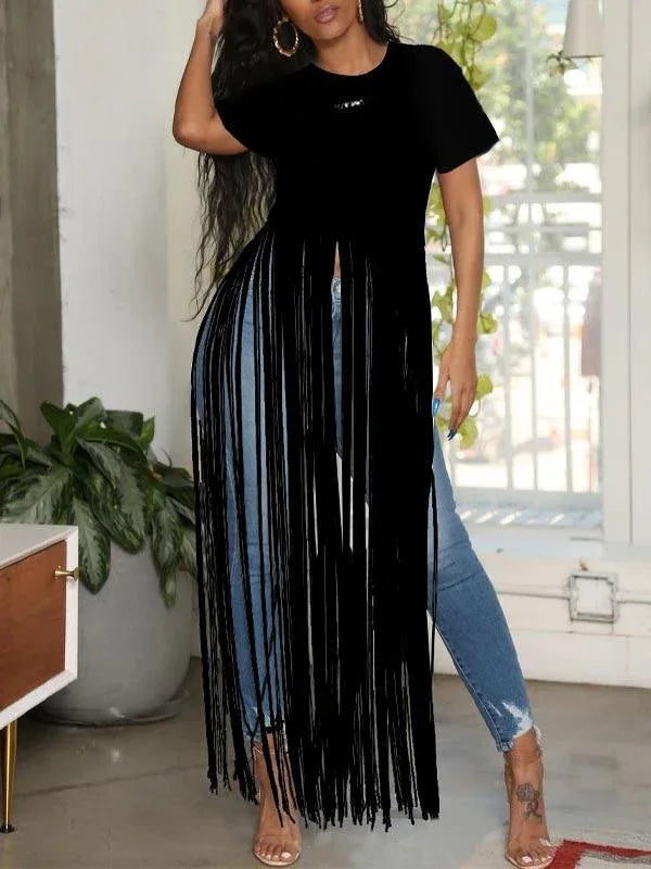 Women's Boho Fringe Patchwork Short-Sleeve Casual Top