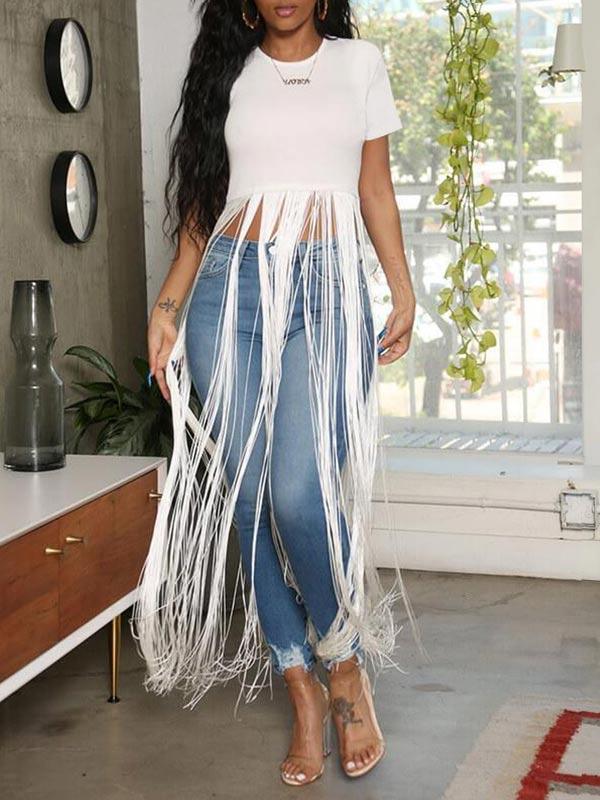 Women's Boho Fringe Patchwork Short-Sleeve Casual Top