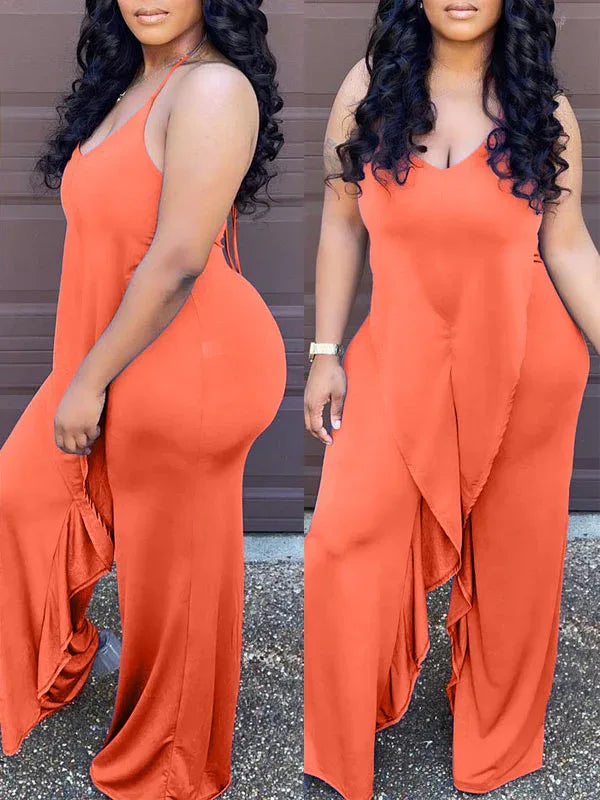Women's Solid Halter Neck Ruffle-Trim Wide-Leg Jumpsuit