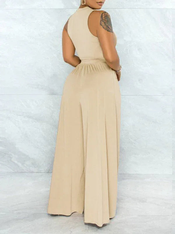 Women's Solid Cutout Sleeveless Top & Flowy Wide-Leg Pants Set