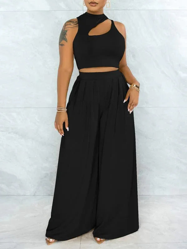 Women's Solid Cutout Sleeveless Top & Flowy Wide-Leg Pants Set
