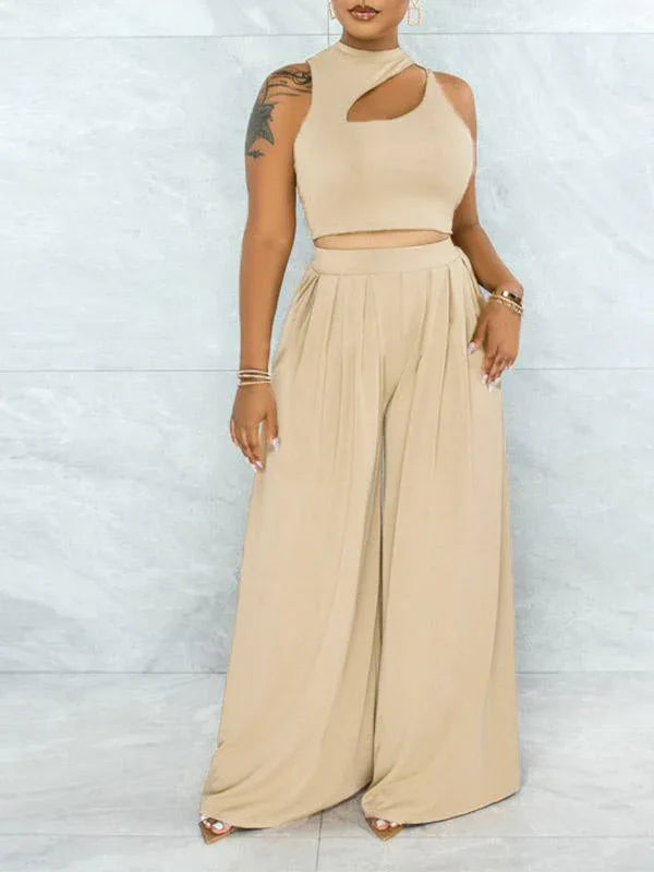 Women's Solid Cutout Sleeveless Top & Flowy Wide-Leg Pants Set