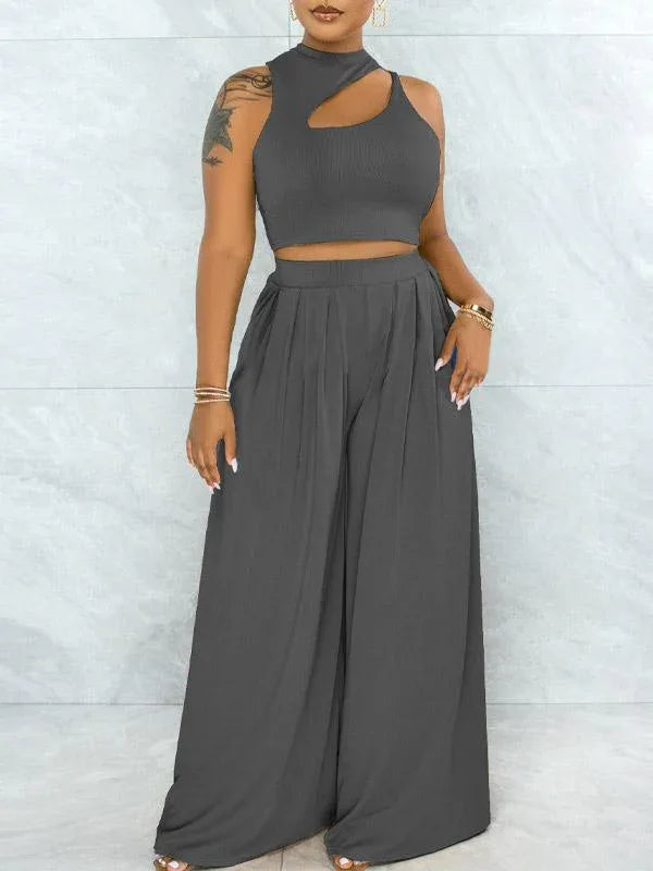 Women's Solid Cutout Sleeveless Top & Flowy Wide-Leg Pants Set