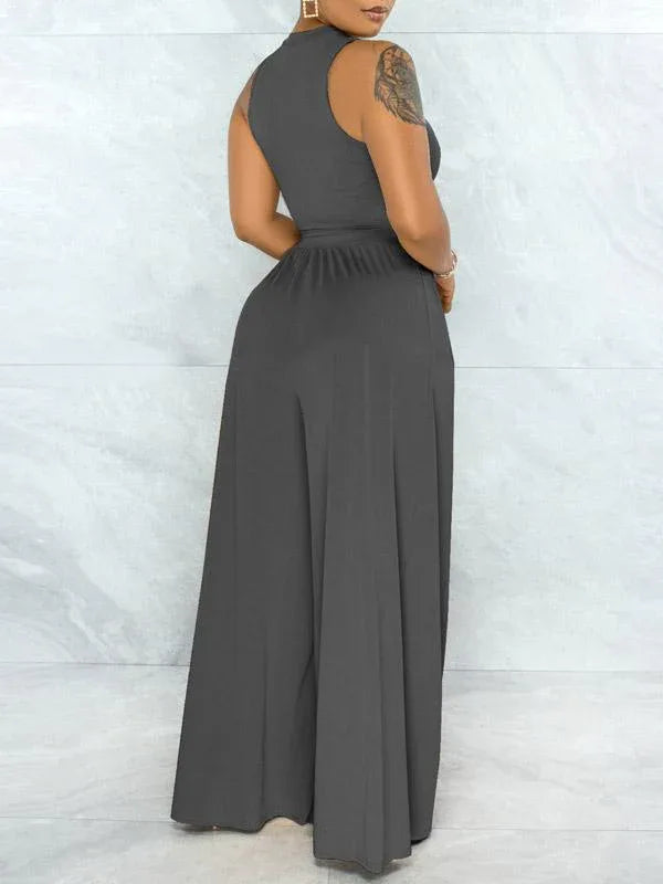 Women's Solid Cutout Sleeveless Top & Flowy Wide-Leg Pants Set