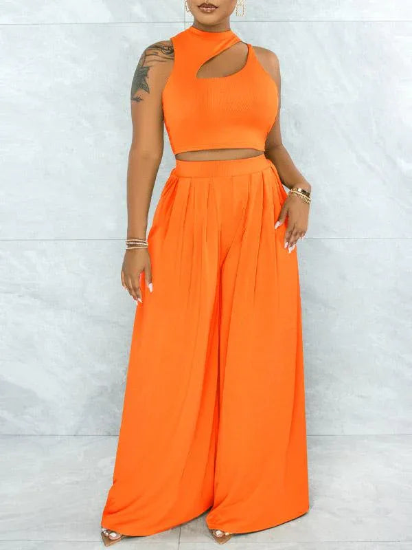 Women's Solid Cutout Sleeveless Top & Flowy Wide-Leg Pants Set