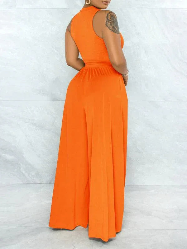 Women's Solid Cutout Sleeveless Top & Flowy Wide-Leg Pants Set