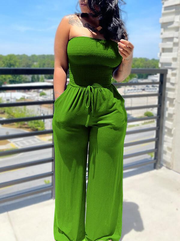 Women's Smocked Elastic Tied-Waist Sleeveless Jumpsuit