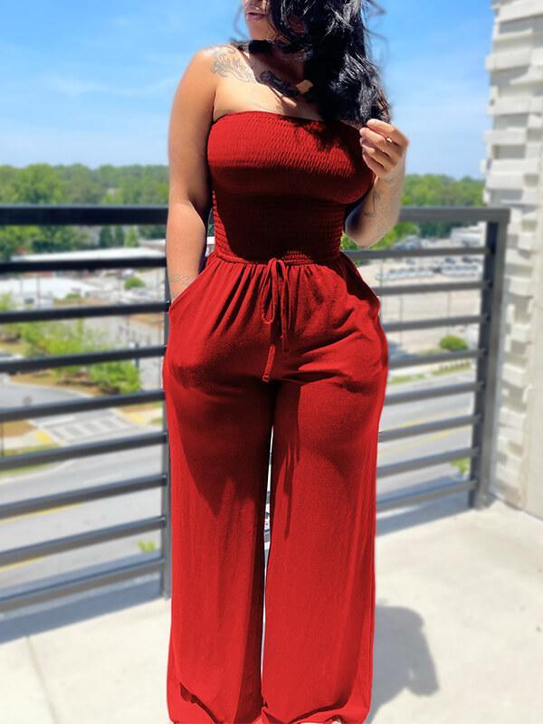 Women's Smocked Elastic Tied-Waist Sleeveless Jumpsuit