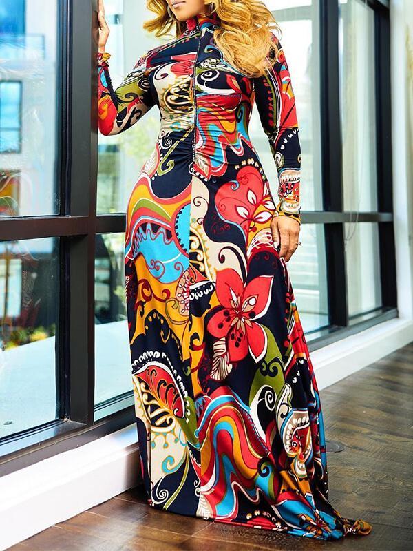 Women's Printed Zip-Front Maxi Dress