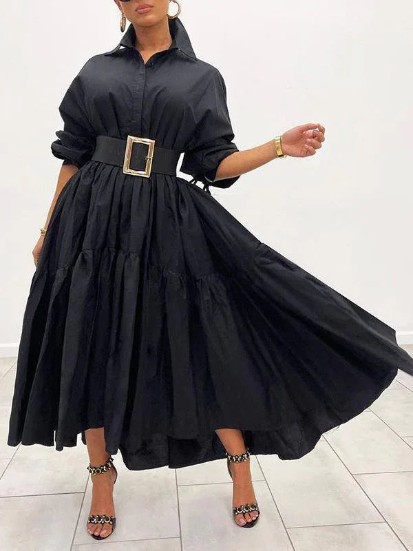 Women's Solid Ruffle Shirt Dress