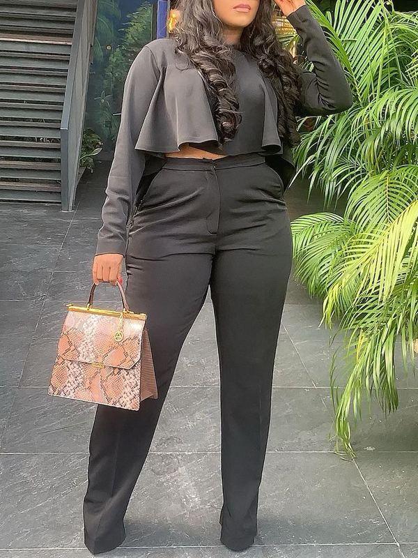 Women's Solid High-Low Hem Top & Straight Pants Set