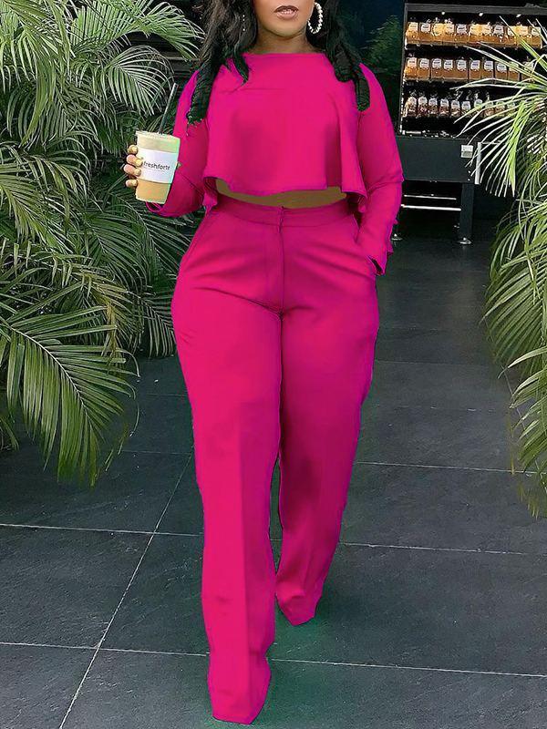 Women's Solid High-Low Hem Top & Straight Pants Set