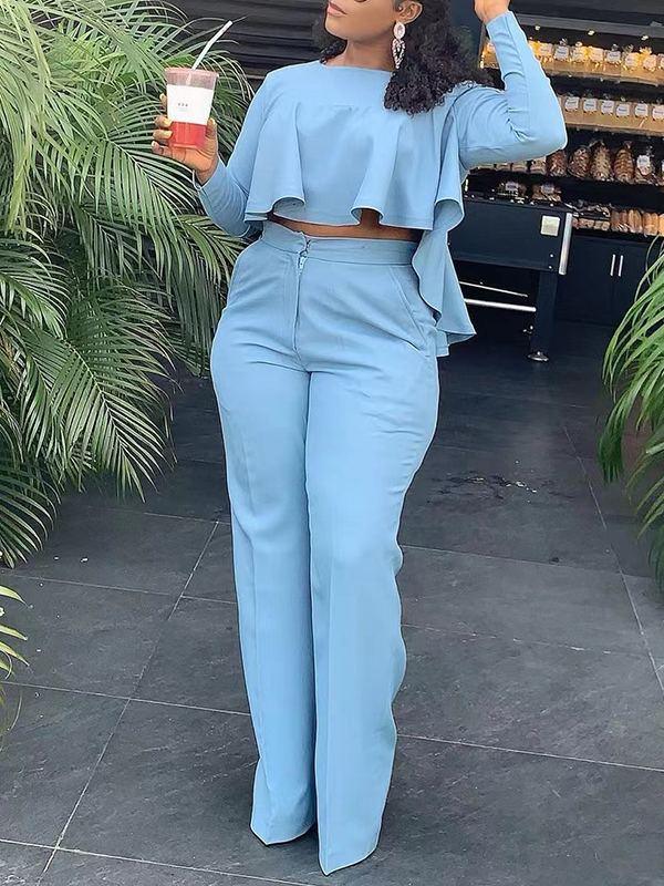 Women's Solid High-Low Hem Top & Straight Pants Set