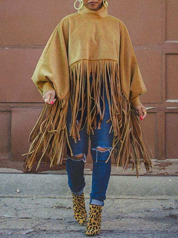 Women's Boho Fringe Patchwork Turtleneck Pullover Sweatshirt