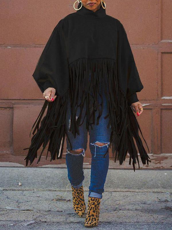 Women's Boho Fringe Patchwork Turtleneck Pullover Sweatshirt
