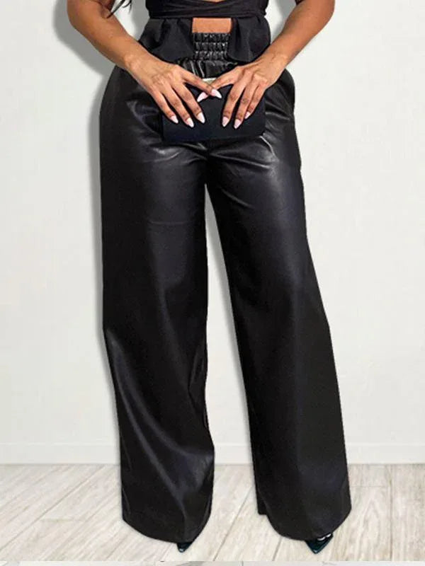 Women's Faux-Leather High-Waist Wide-Leg Flared Pants