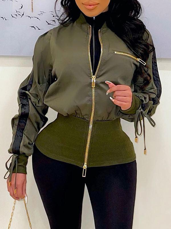 Women's Ribbed Patchwork Zip-Front Bomber Jacket