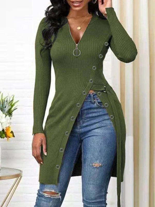 Women's Zip-Front Side-Slit Ribbed Long Tunic Top