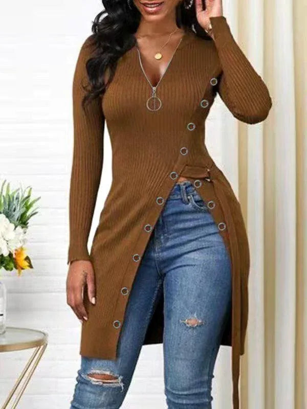 Women's Zip-Front Side-Slit Ribbed Long Tunic Top