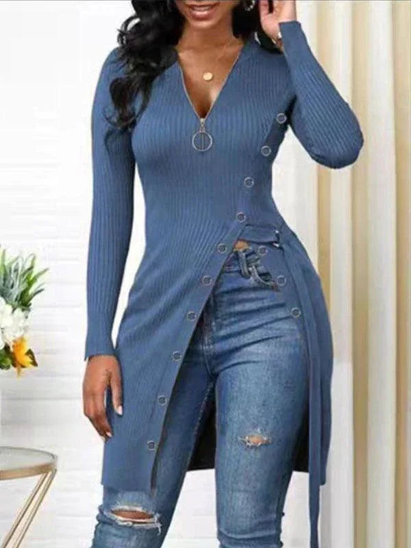 Women's Zip-Front Side-Slit Ribbed Long Tunic Top