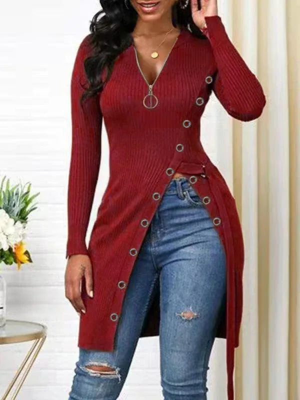 Women's Zip-Front Side-Slit Ribbed Long Tunic Top