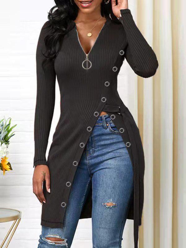 Women's Zip-Front Side-Slit Ribbed Long Tunic Top