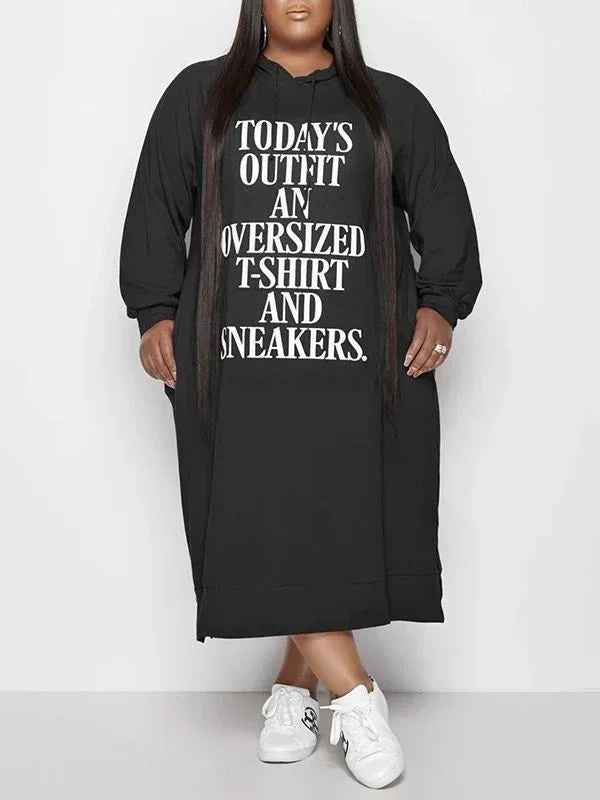 Women's Plus Size Slogan Side-Slit Hoodie Dress