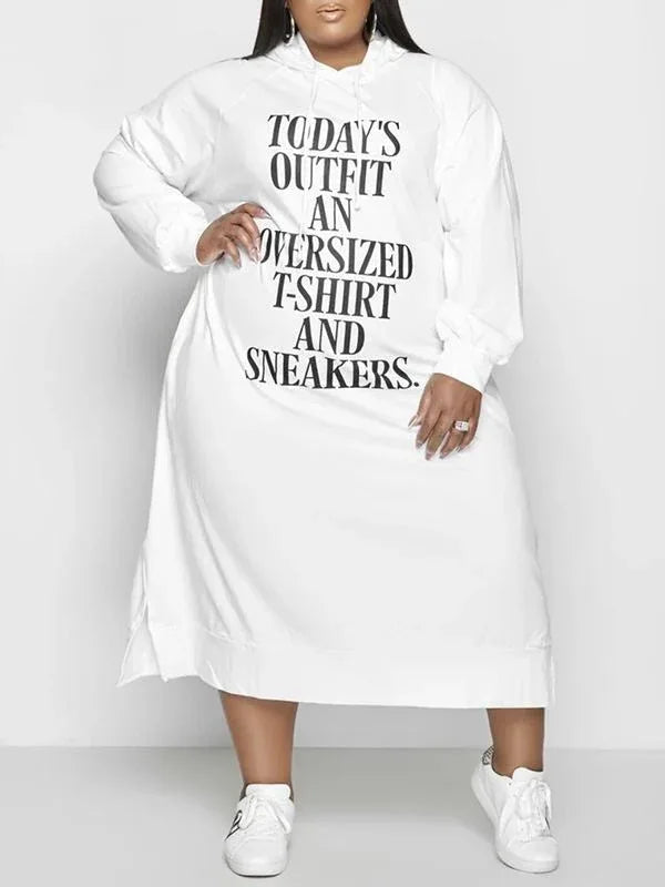 Women's Plus Size Slogan Side-Slit Hoodie Dress