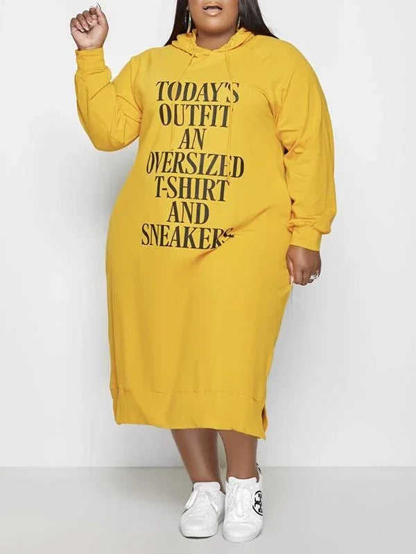 Women's Plus Size Slogan Side-Slit Hoodie Dress